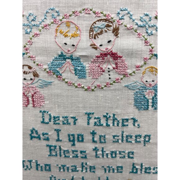 Vtg Framed Cross Stitch Prayer Embroidery Bedtime Prayer Nursery Angel - Picture 3 of 12